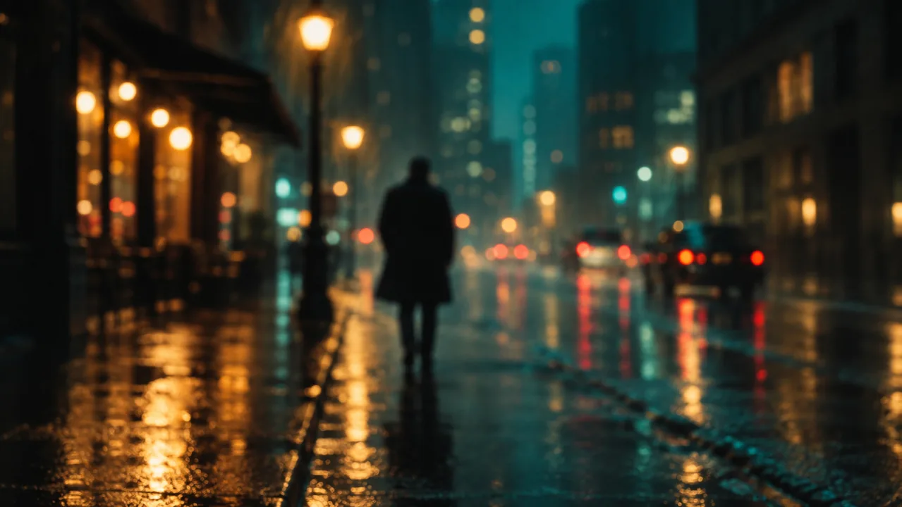 Blurred movie artwork: a figure on a city street at night