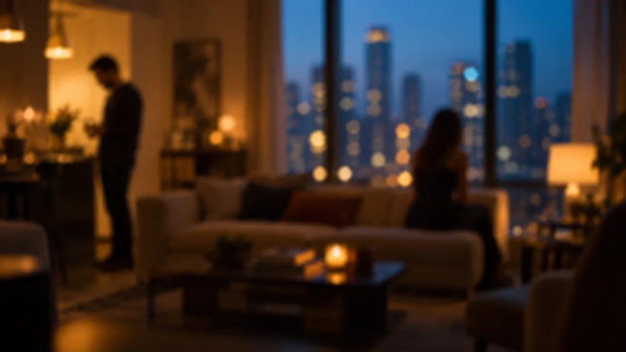Intentionally blurred series artwork: two figures in an apartment at dusk